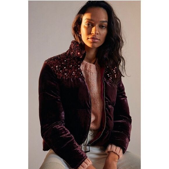 NEW Anthropologie Vera Sequined Embellished Velvet Puffer Jacket Coat Medium - Picture 2 of 4
